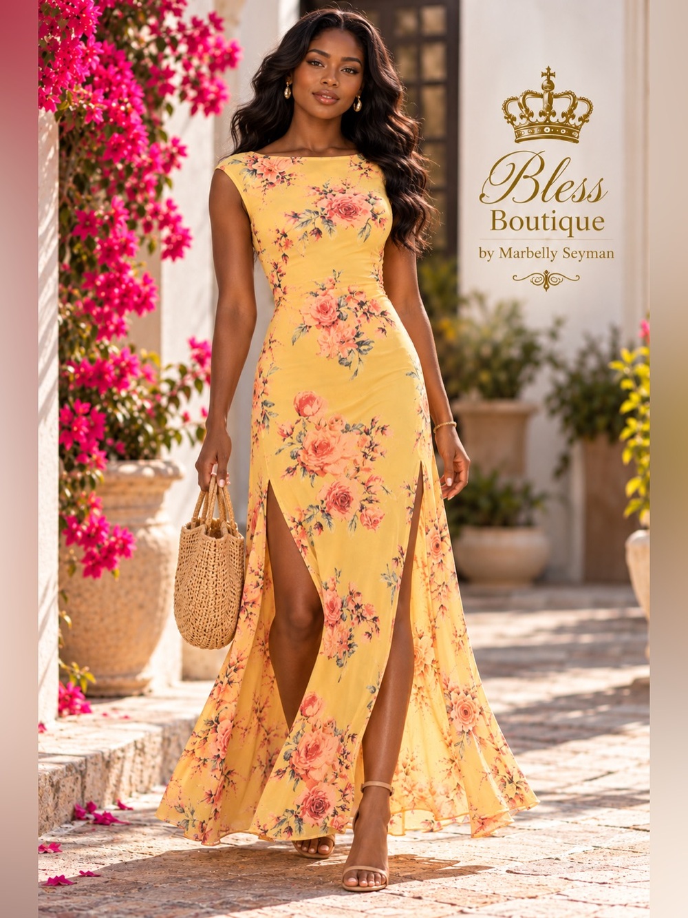 Free People Yellow Floral Ruched Side Slit Maxi Dress XS